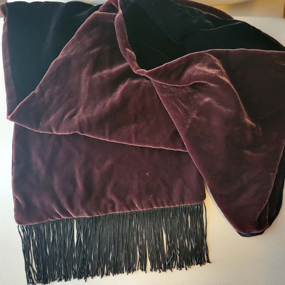Velvet Scarf Black & Brown Fringe ~ Reversible ~ Luxurious Feel! VGUC ~ Unisex - Picture 14 of 15